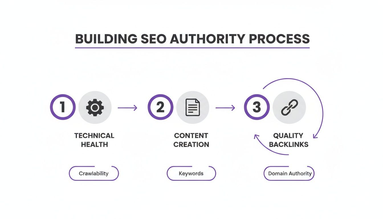 Infographic showing a 3-step SEO authority building process: technical health, content, and backlinks.