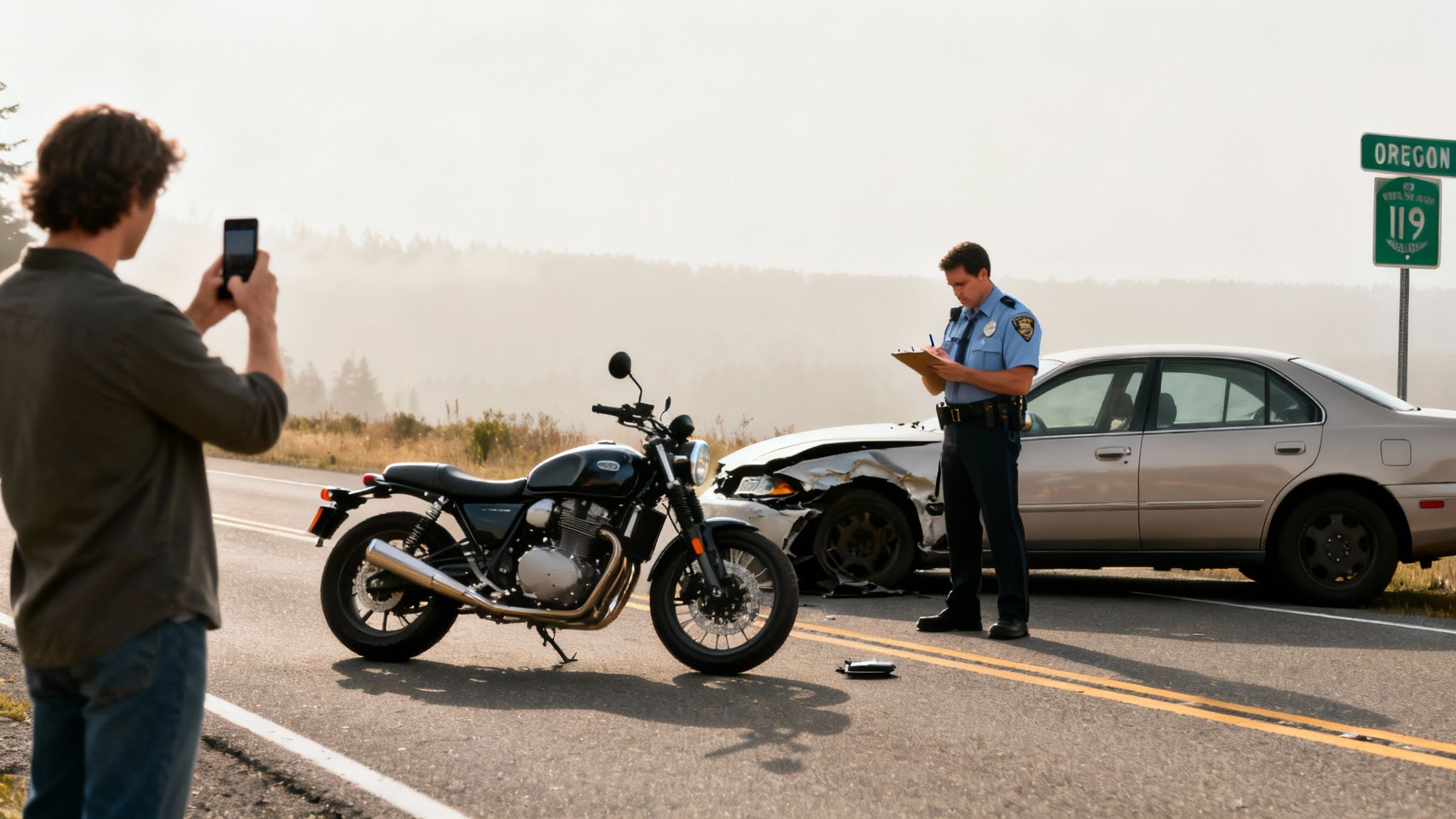 Police officer writes a report at a car and motorcycle accident scene, witnessed by a man taking photos.