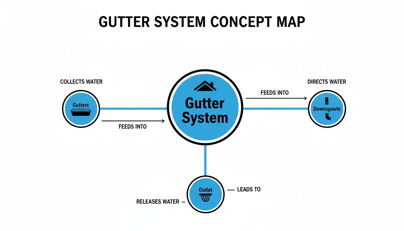 A concept map diagramming a gutter system, showing gutters collecting water, feeding into the system, then directing water to downspouts and releasing it through an outlet.