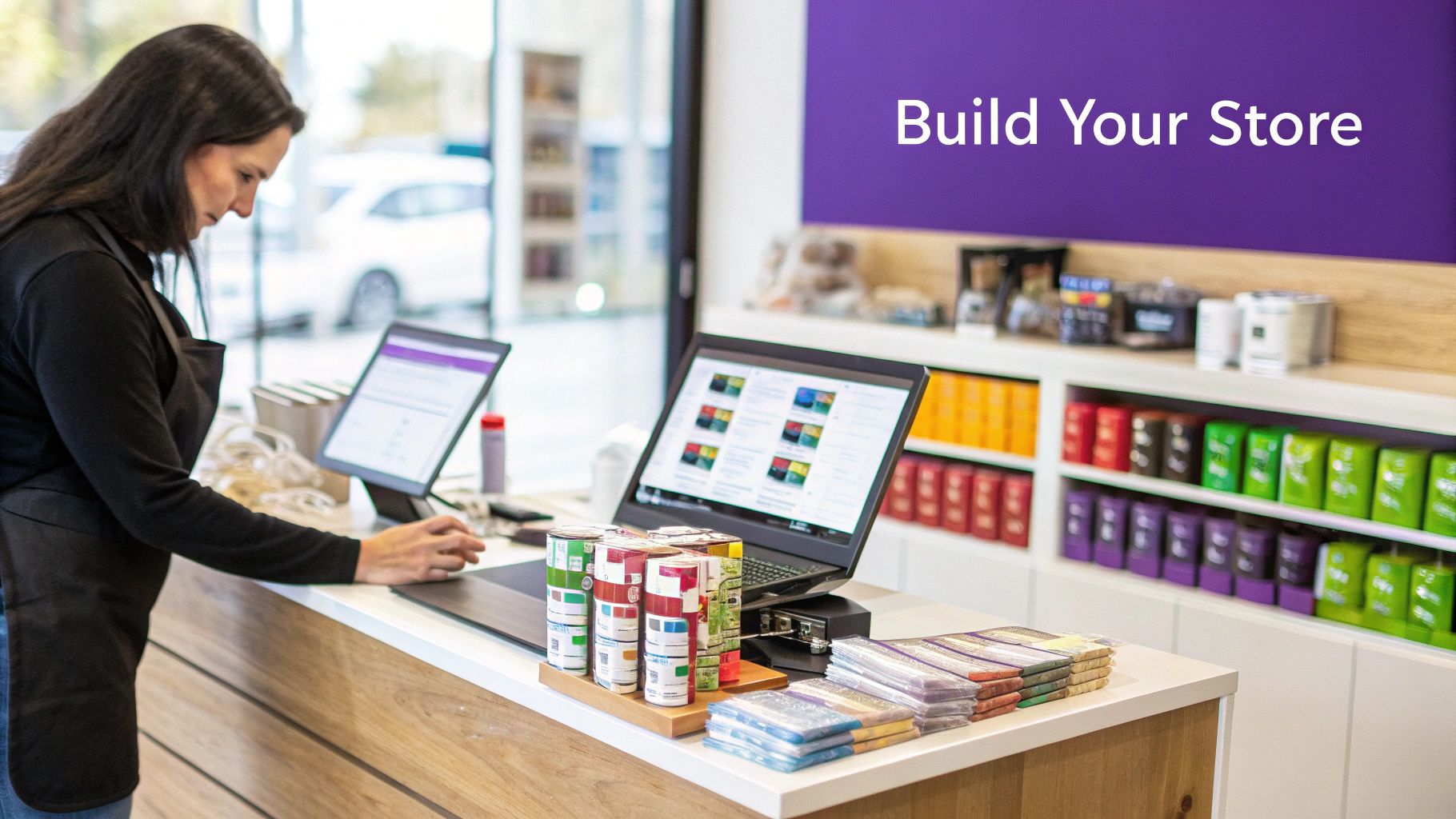 A store owner uses an e-commerce platform on a tablet and laptop to manage products.