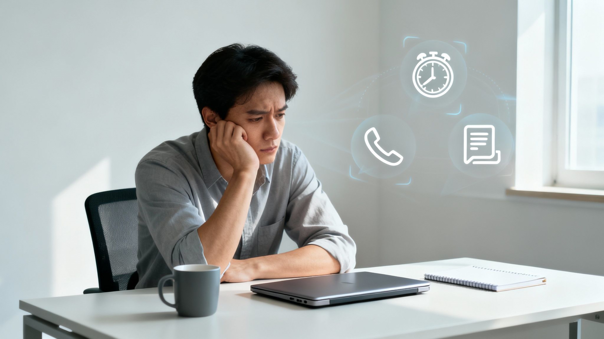 A stressed man at a desk with virtual icons for calls, tasks, and time, indicating overwhelming work.