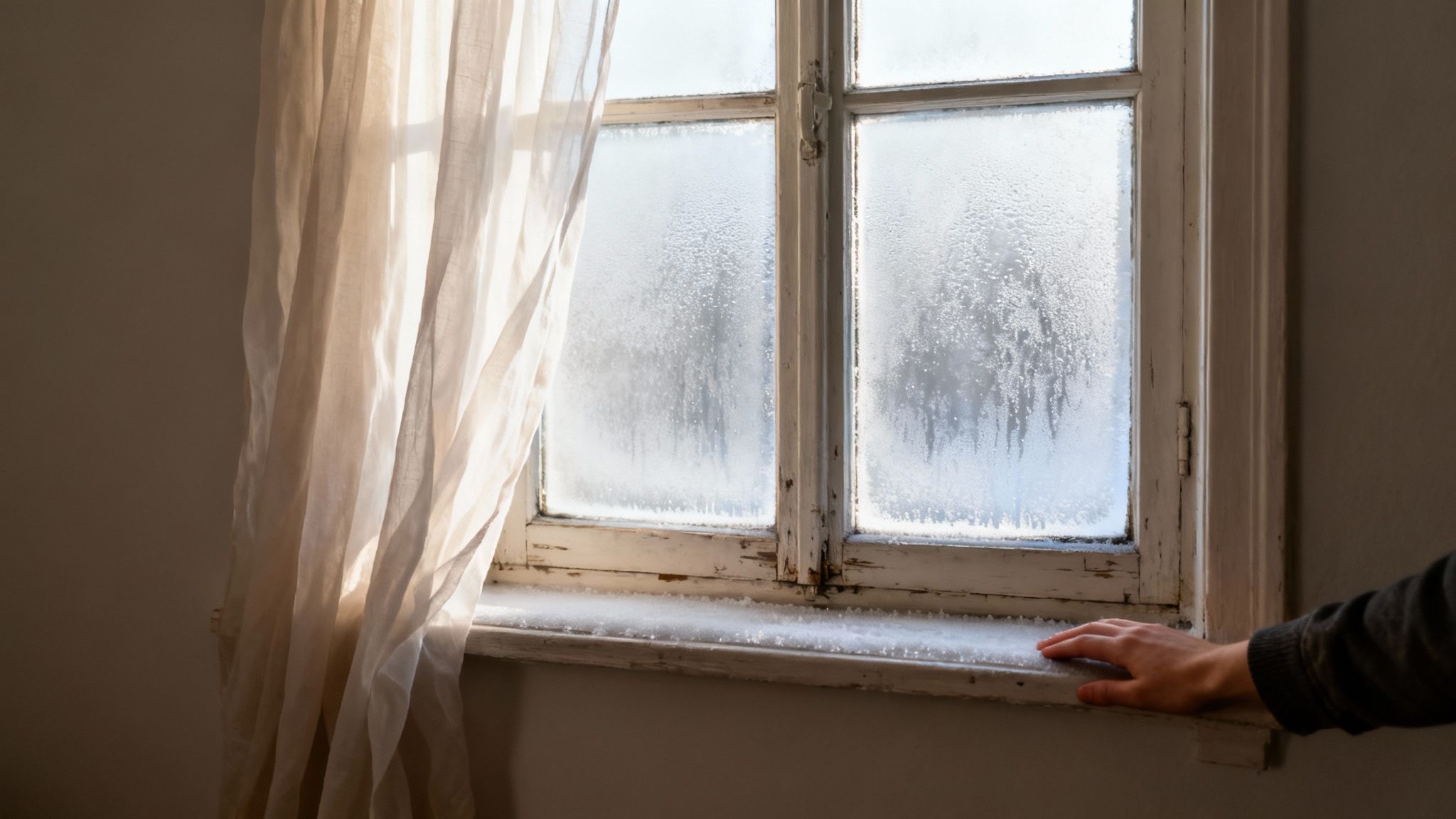 A hand touching a snowy windowsill of an old, frosted window with a curtain.