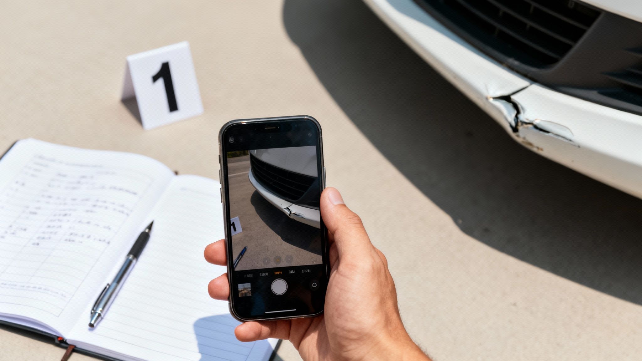 Person documenting car accident damage with a smartphone, notebook, and evidence marker.