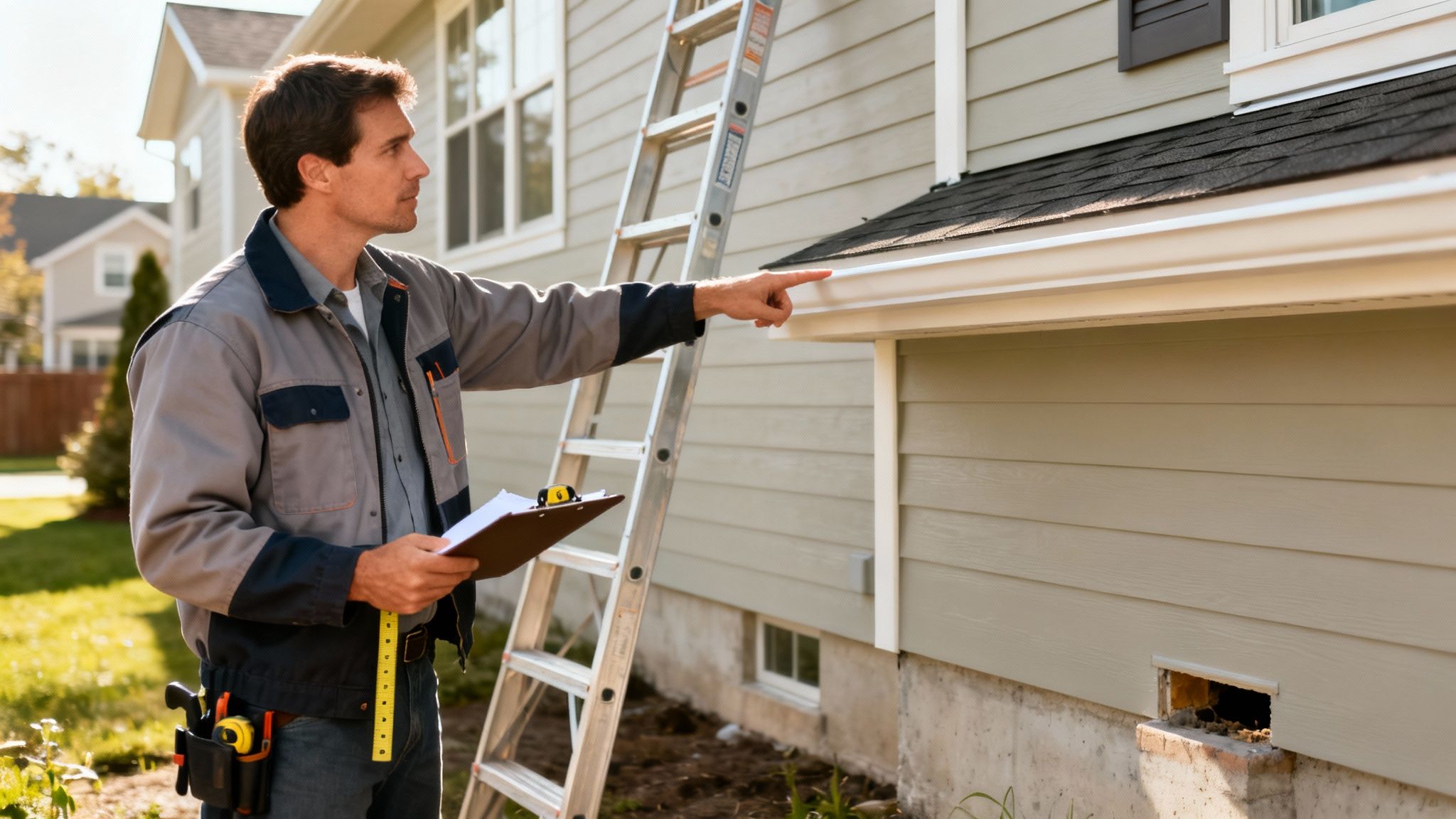 Contractor inspecting house siding and gutter, pointing while holding a clipboard.
