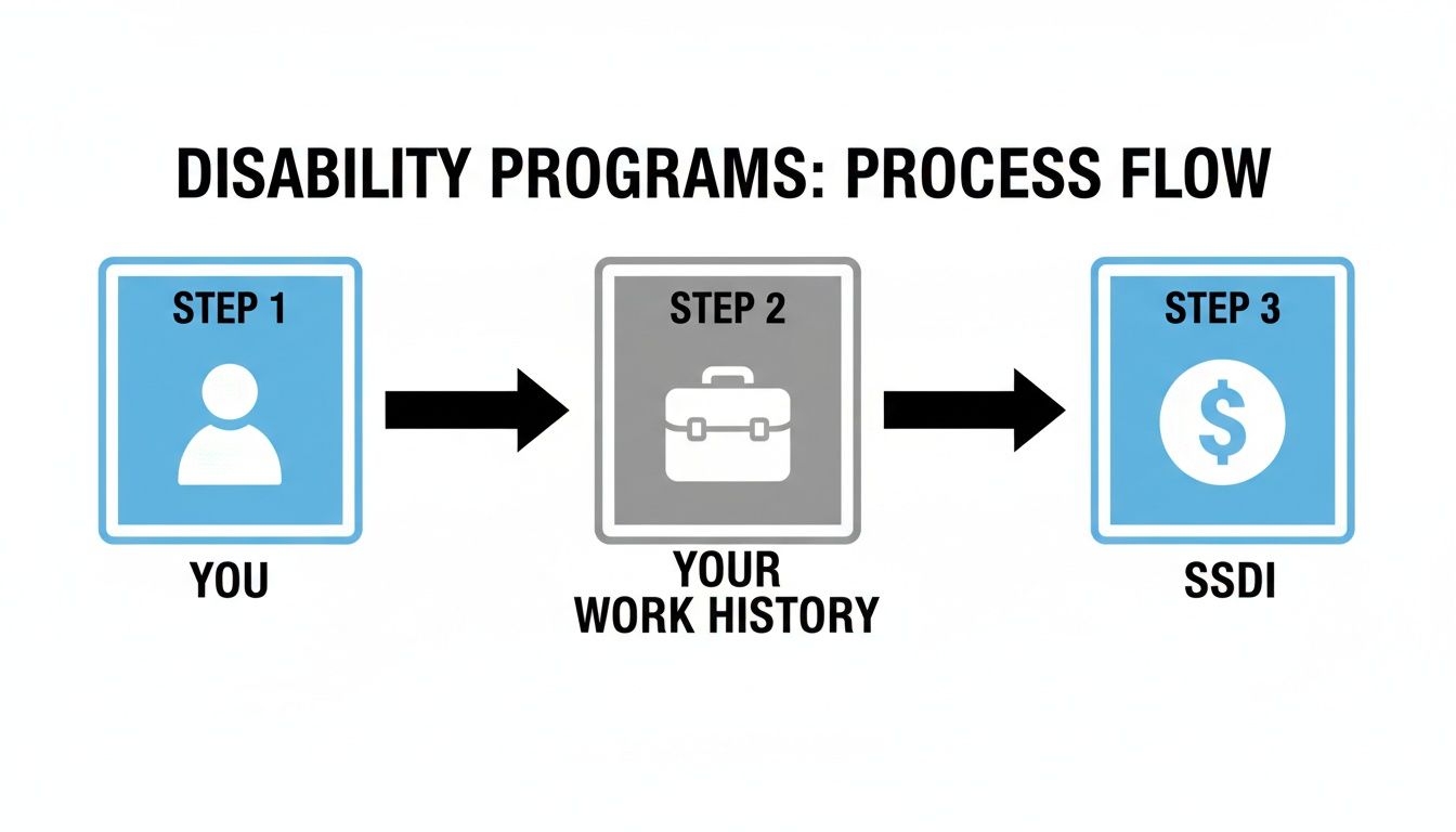 A three-step process flow for disability programs: You, Your Work History, and SSDI.