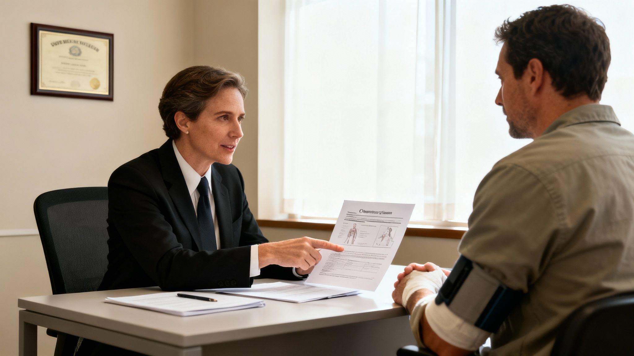 Female attorney reviews documents with injured male client, explaining details in an office.