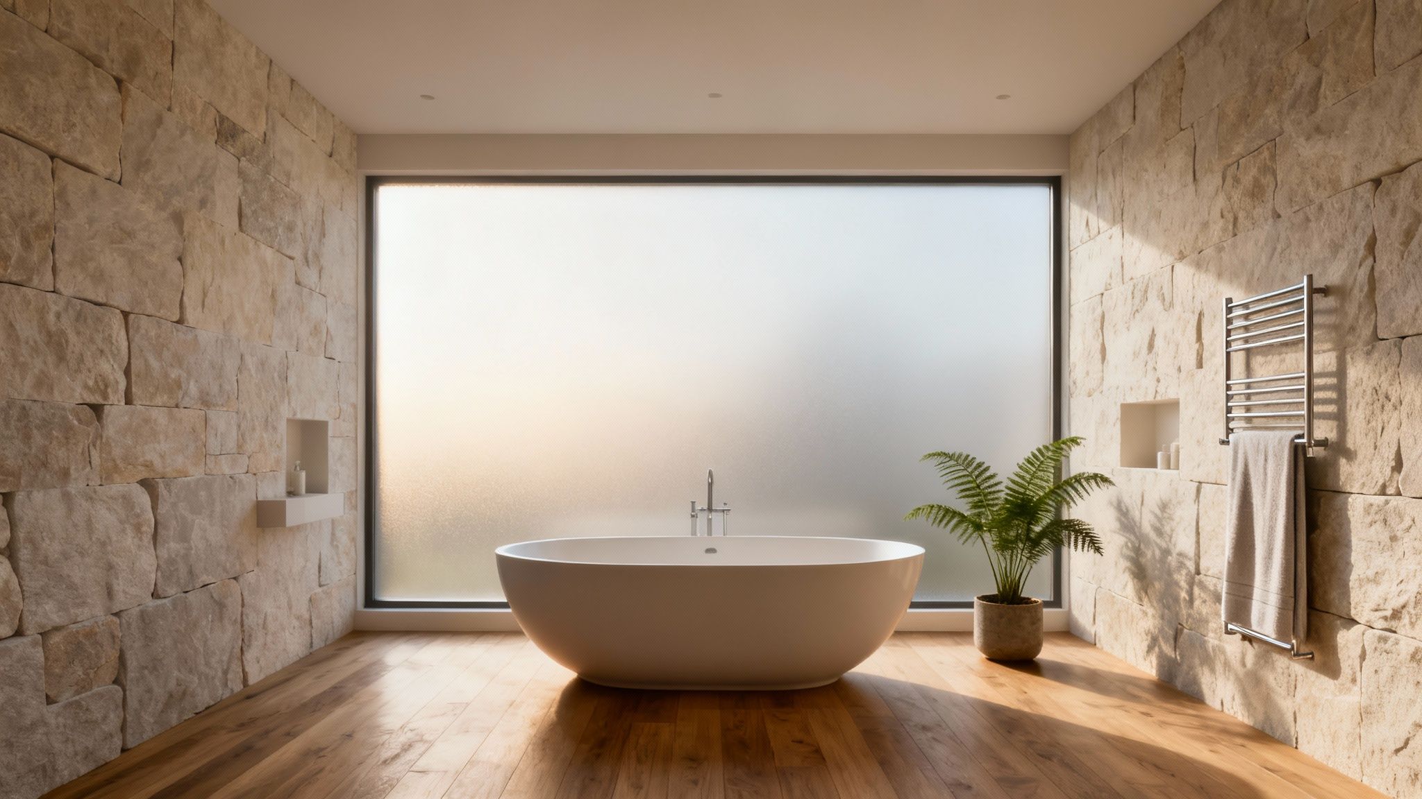 A luxurious modern bathroom featuring a freestanding tub, natural stone walls, and a large frosted window.
