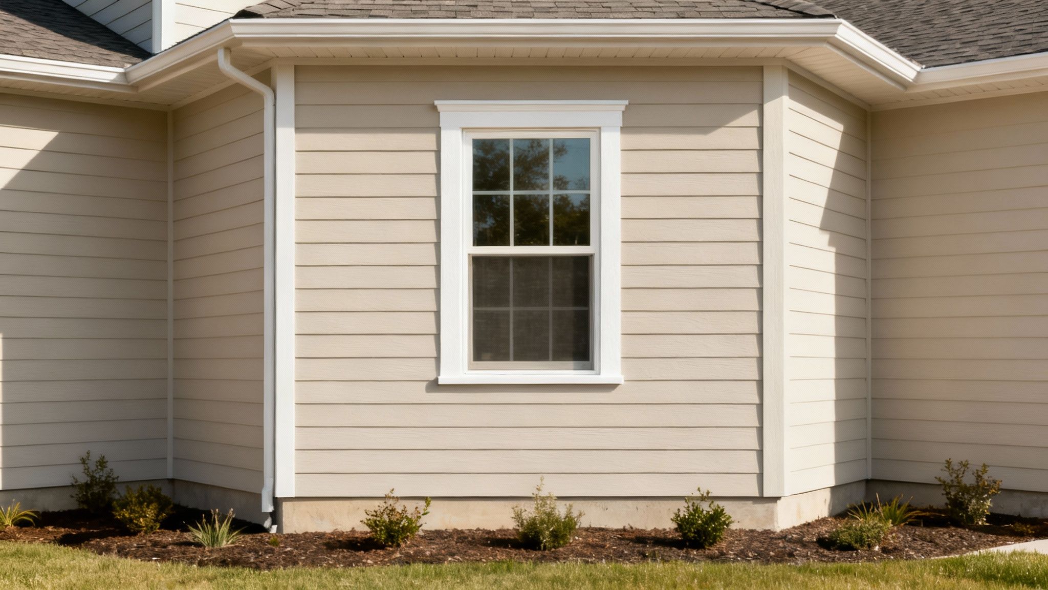 Exterior view of a modern house showcasing beige fiber cement siding and a white window.