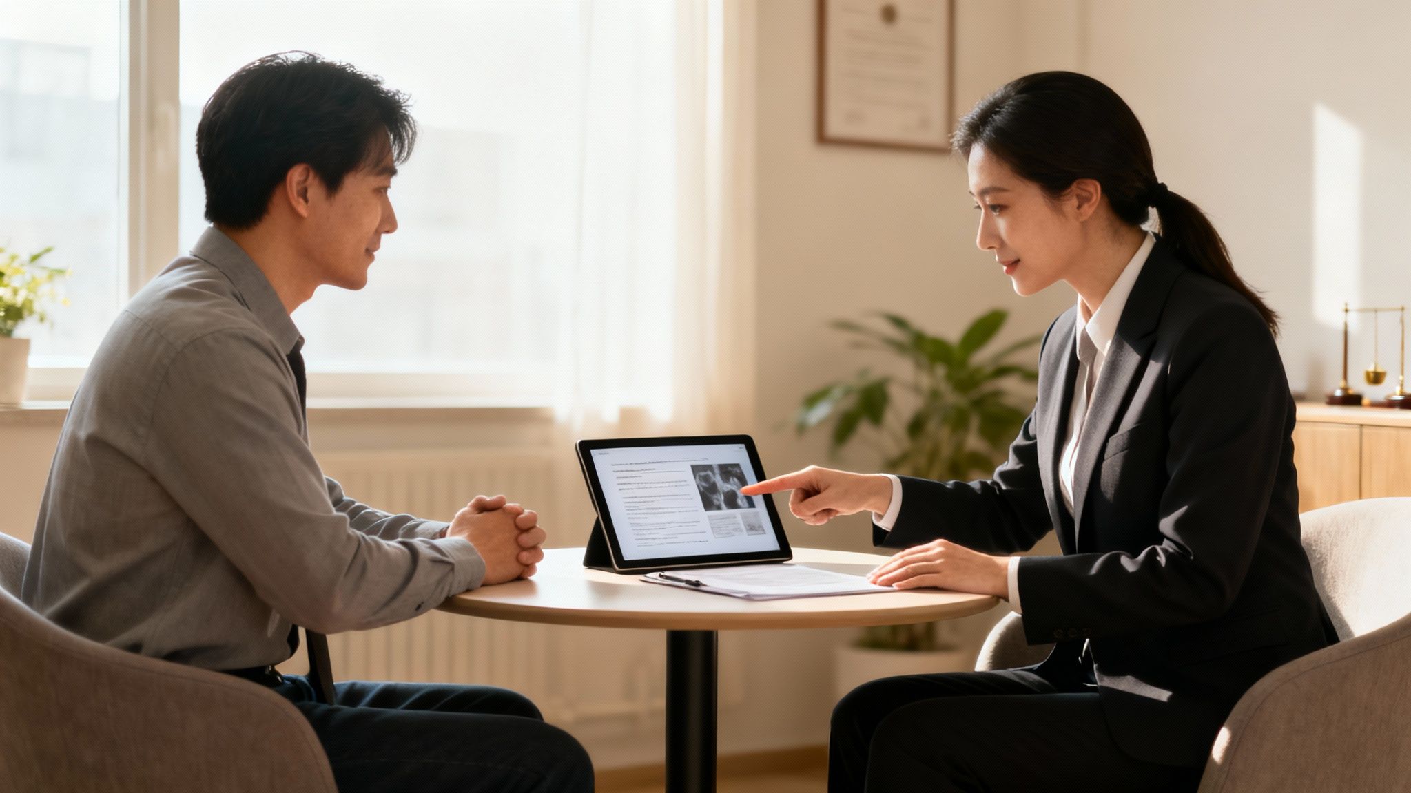 A female consultant explains medical information on a tablet to a male client in an office.