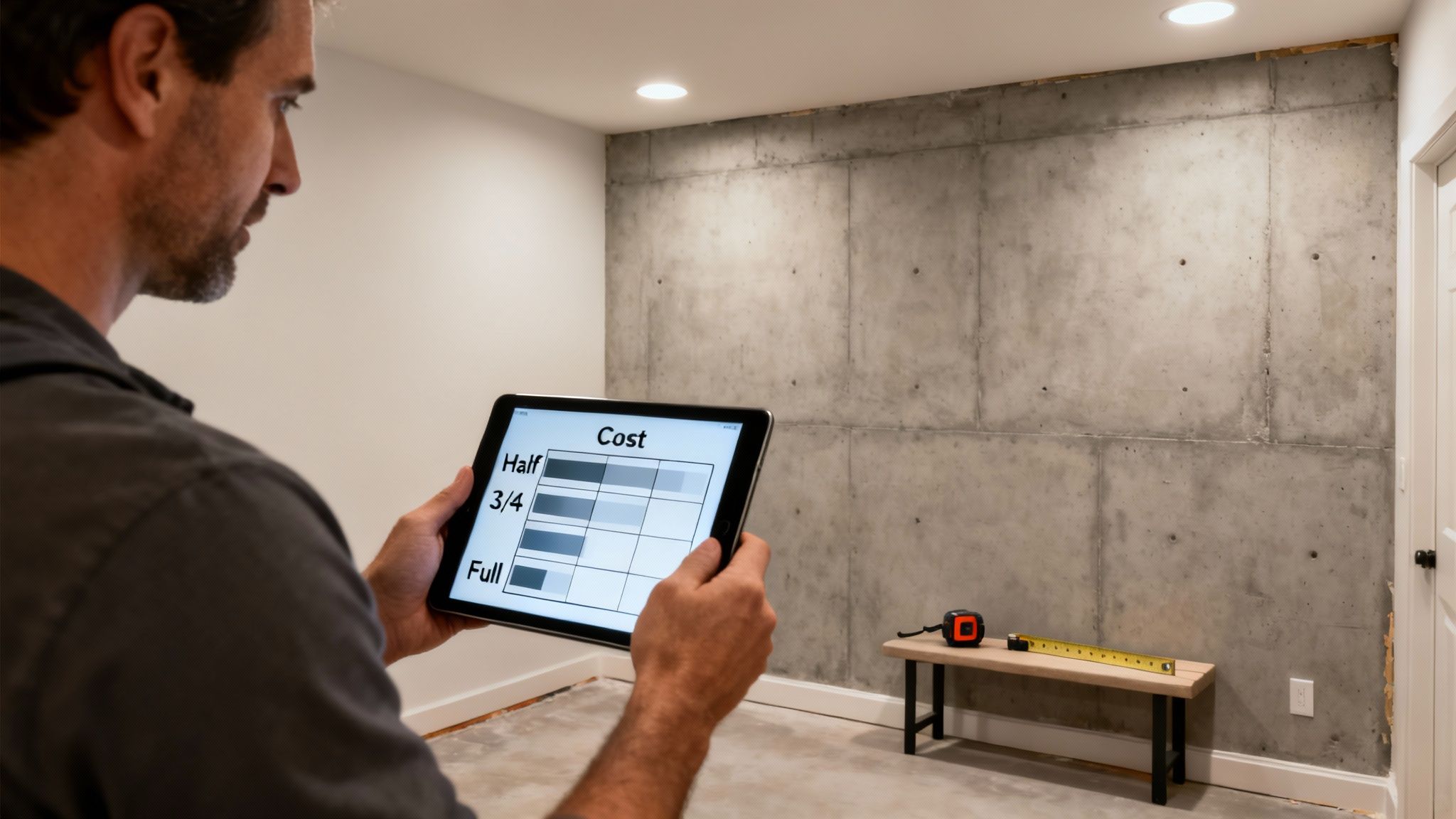 Man using a tablet with a cost estimation chart for basement finishing.