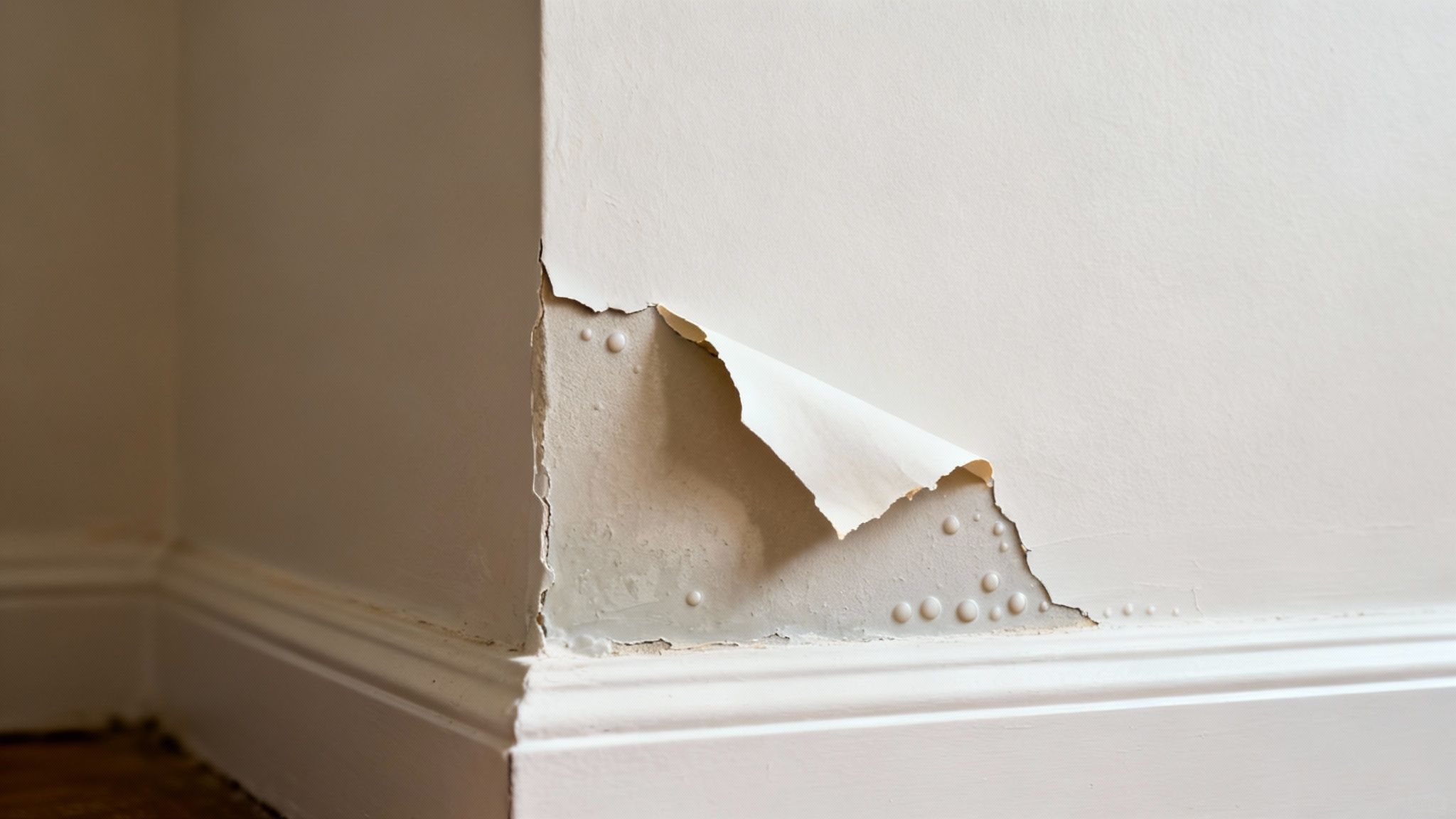 Peeling paint and blisters on a wall corner, indicating severe water damage or dampness.