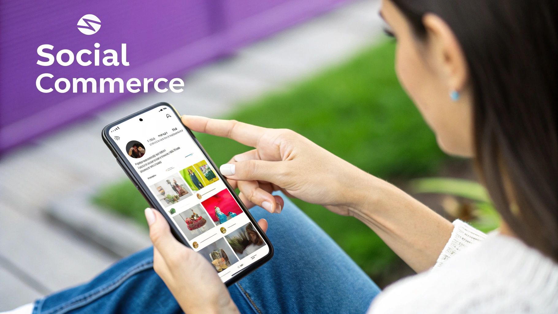 A smartphone displaying a stylish, shoppable social media feed with product tags, surrounded by vibrant shopping bags.