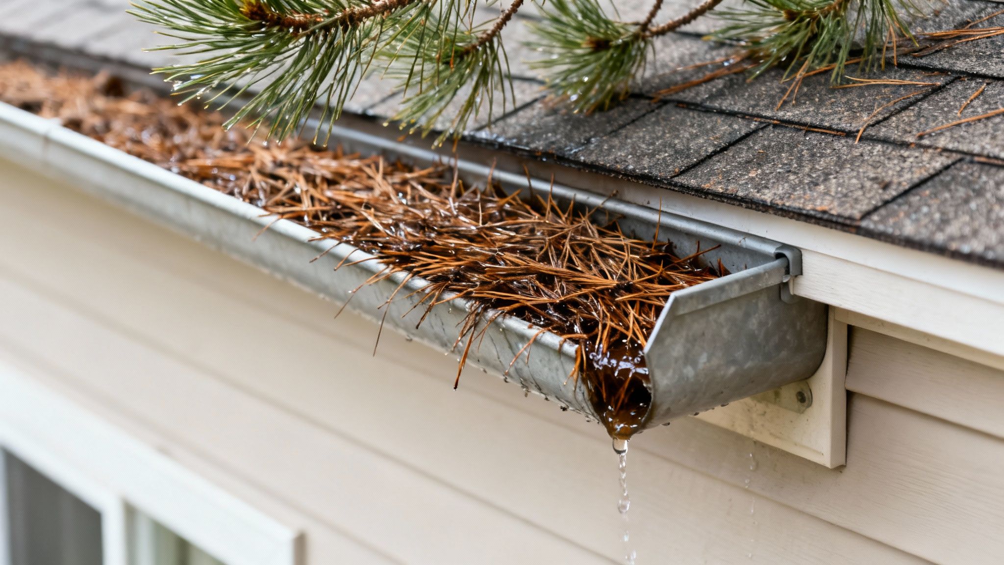 A clogged house gutter is overflowing with wet pine needles and dripping water.