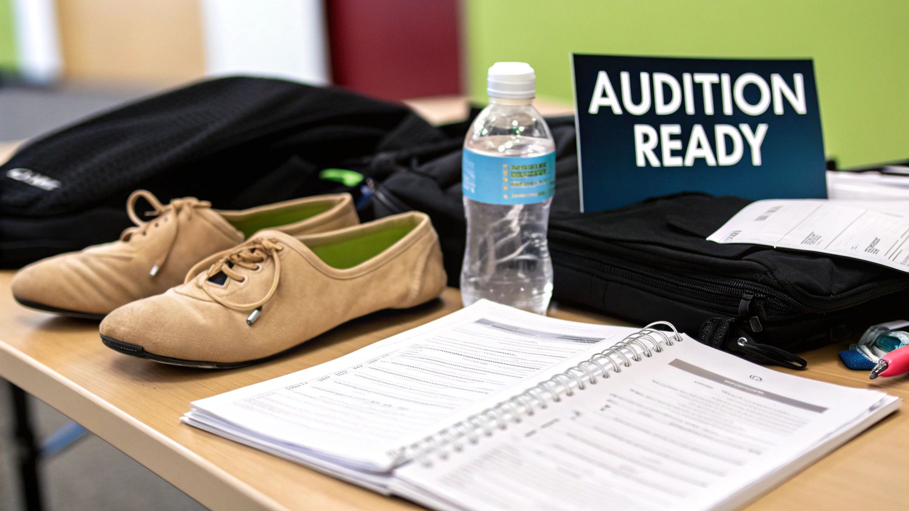 Tan dance shoes, a water bottle, an open notebook, and an 'Audition Ready' sign on a table.