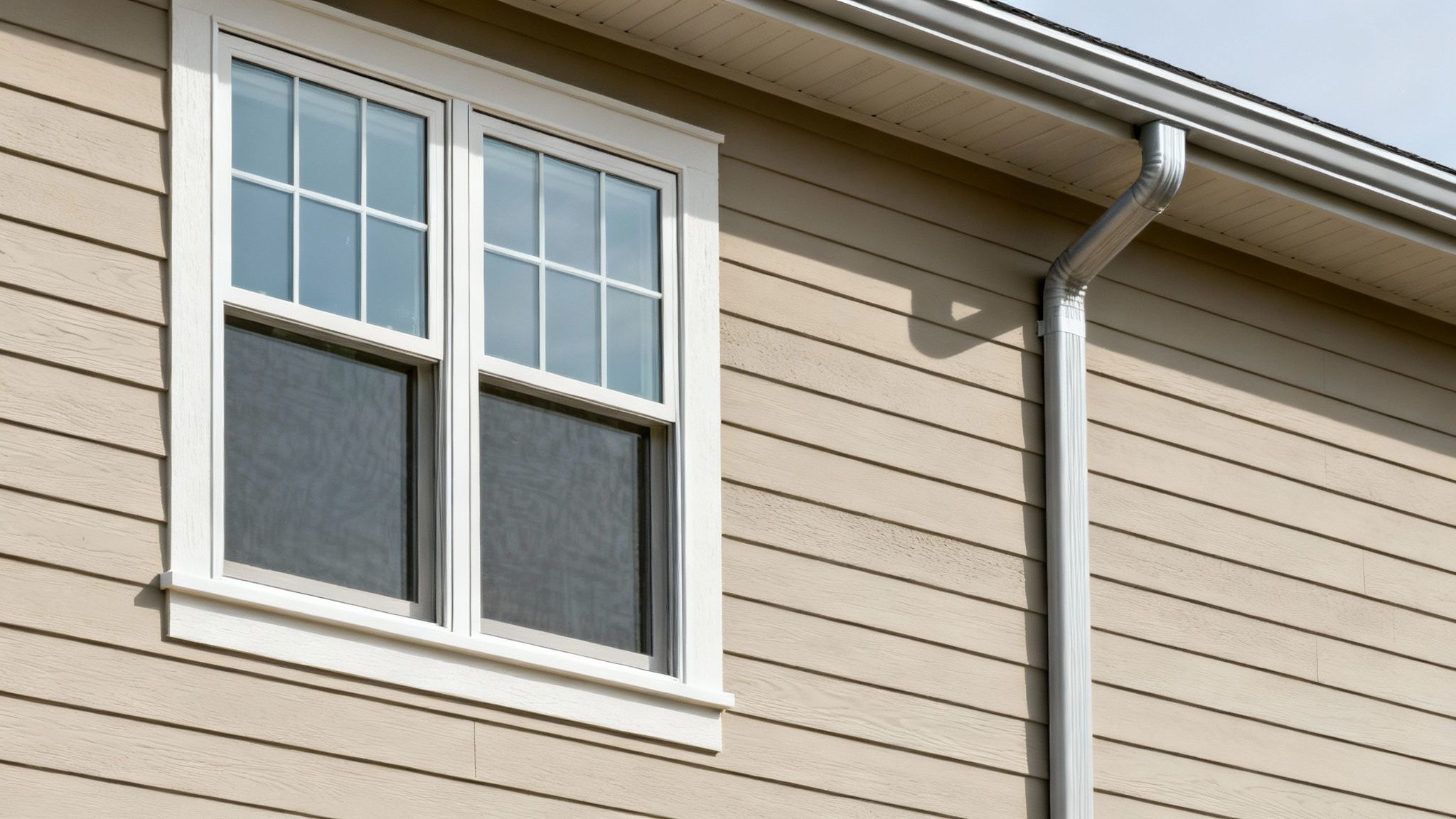 Close-up of light brown house siding with a white window and silver gutter system.