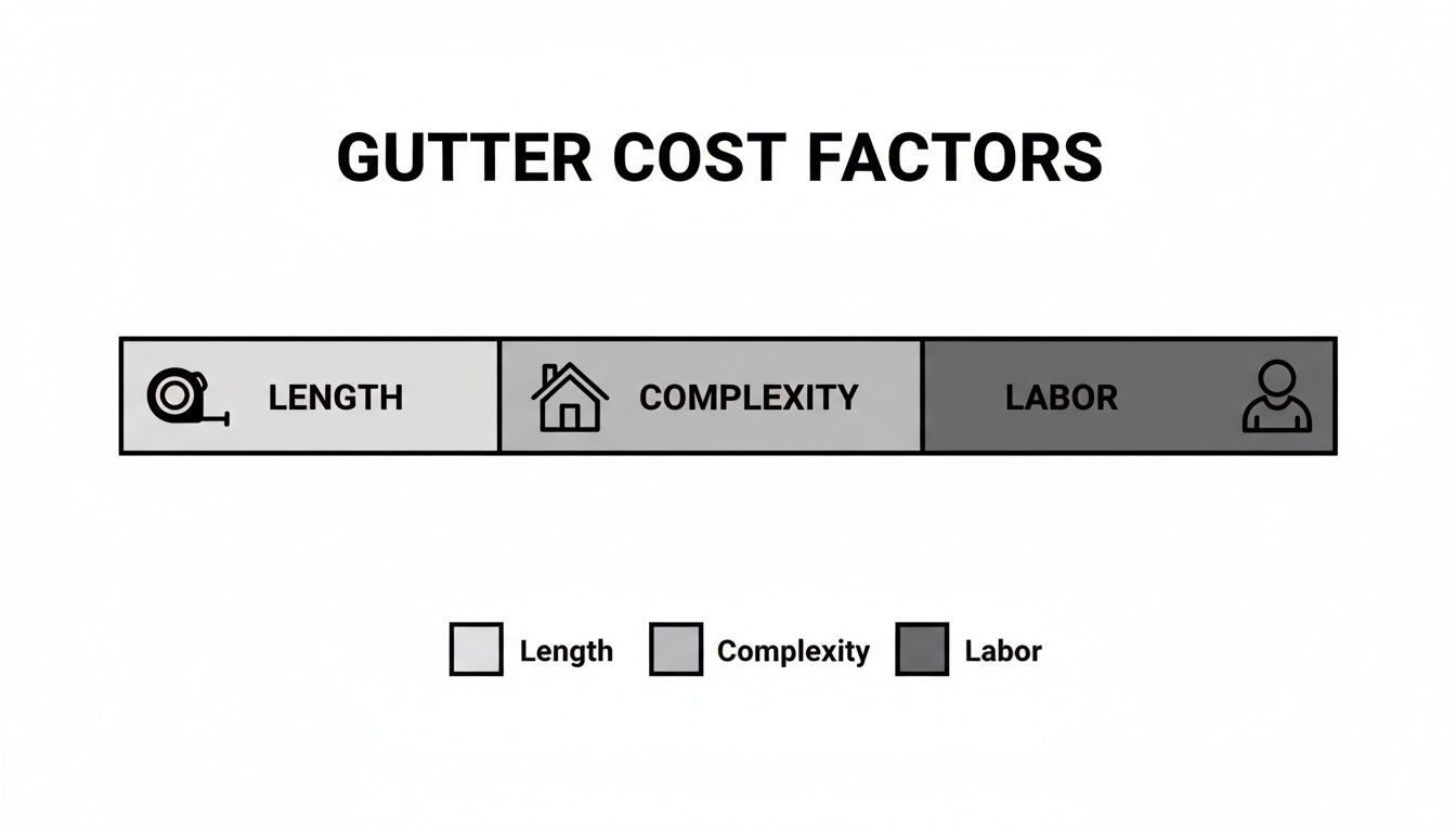 An infographic showing gutter cost factors: length, complexity, and labor, represented by icons and color-coded bars.