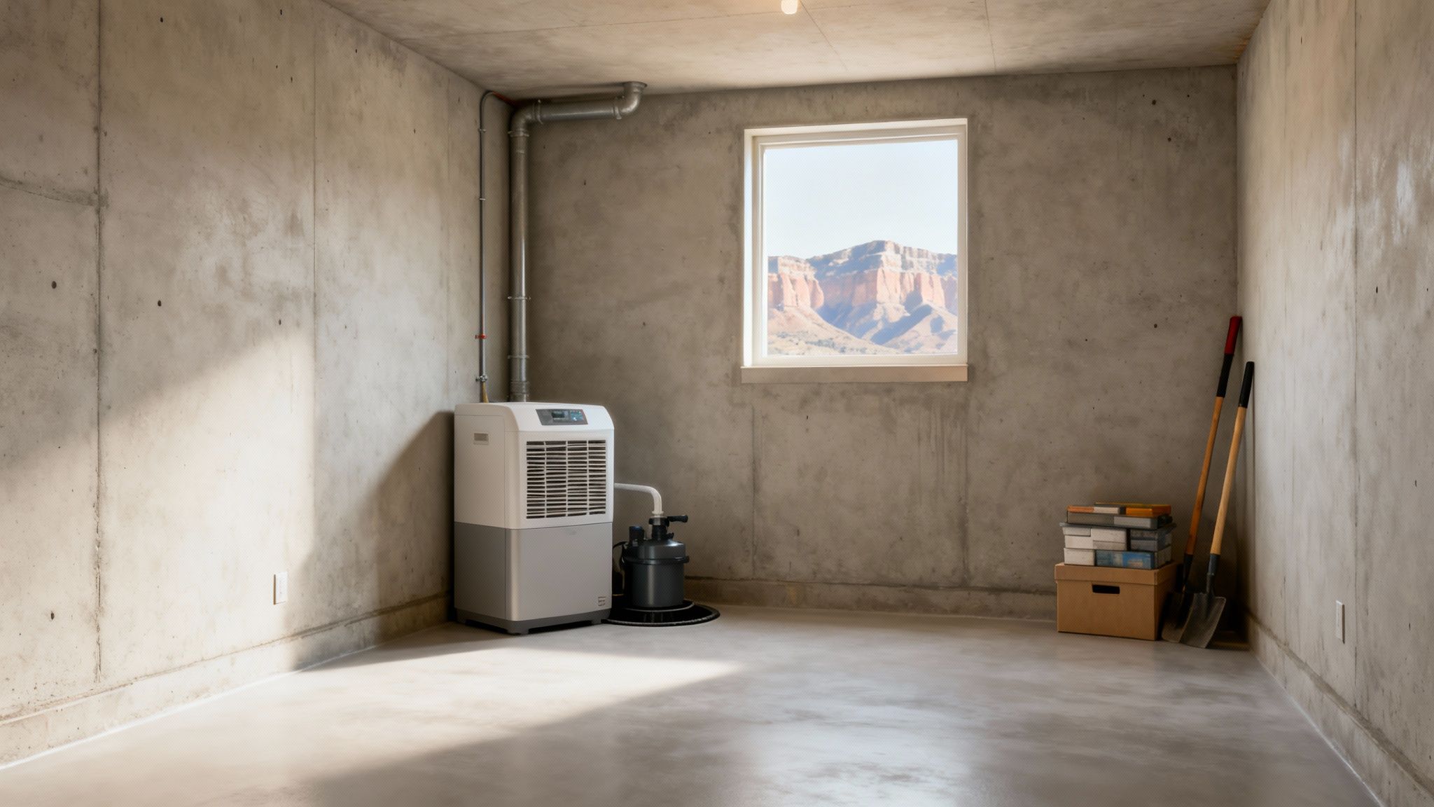 Spacious concrete basement featuring a dehumidifier, window with mountain view, and tools.