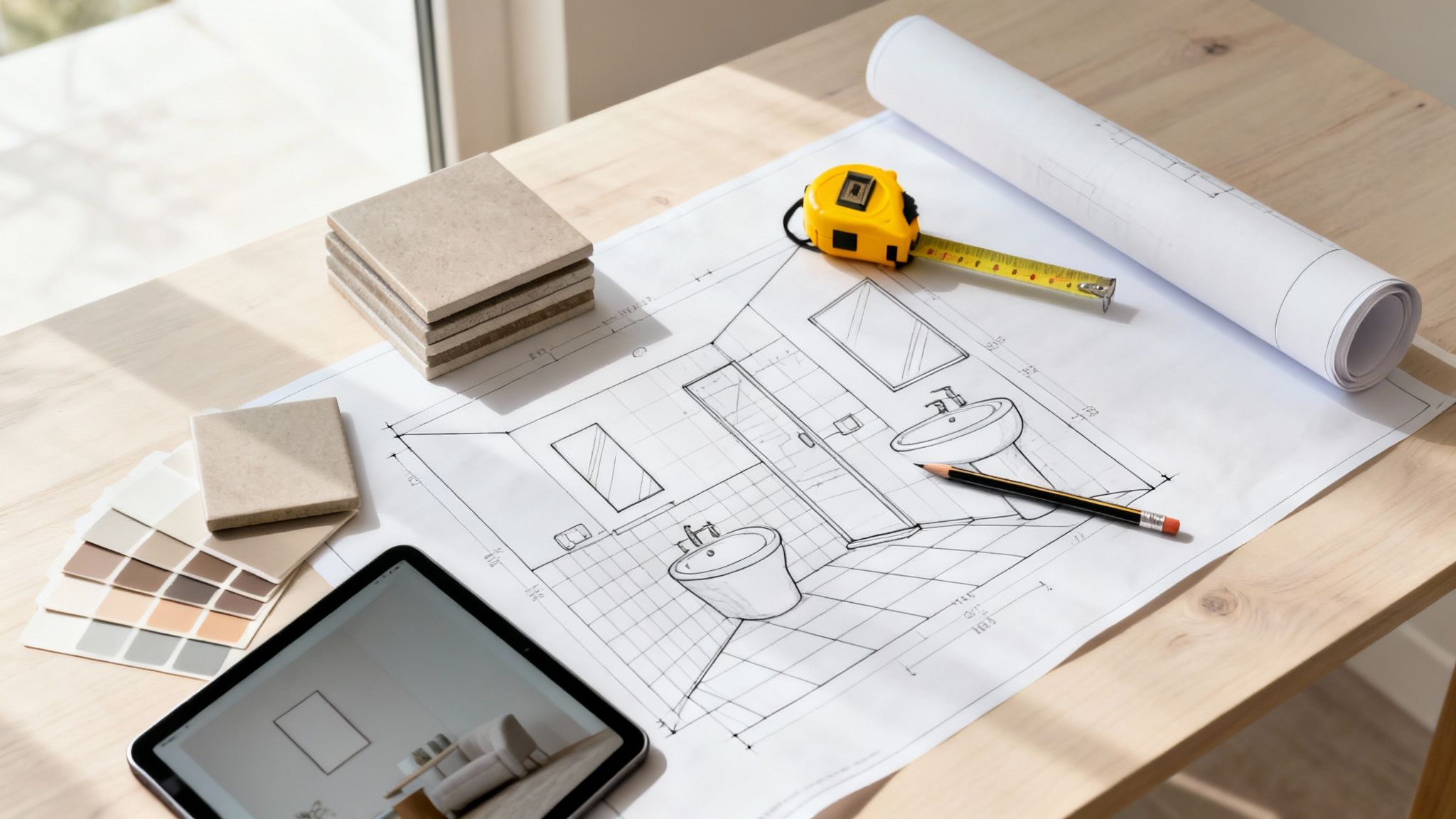 Overhead view of a bathroom blueprint, color samples, tiles, measuring tape, and tablet for renovation planning.