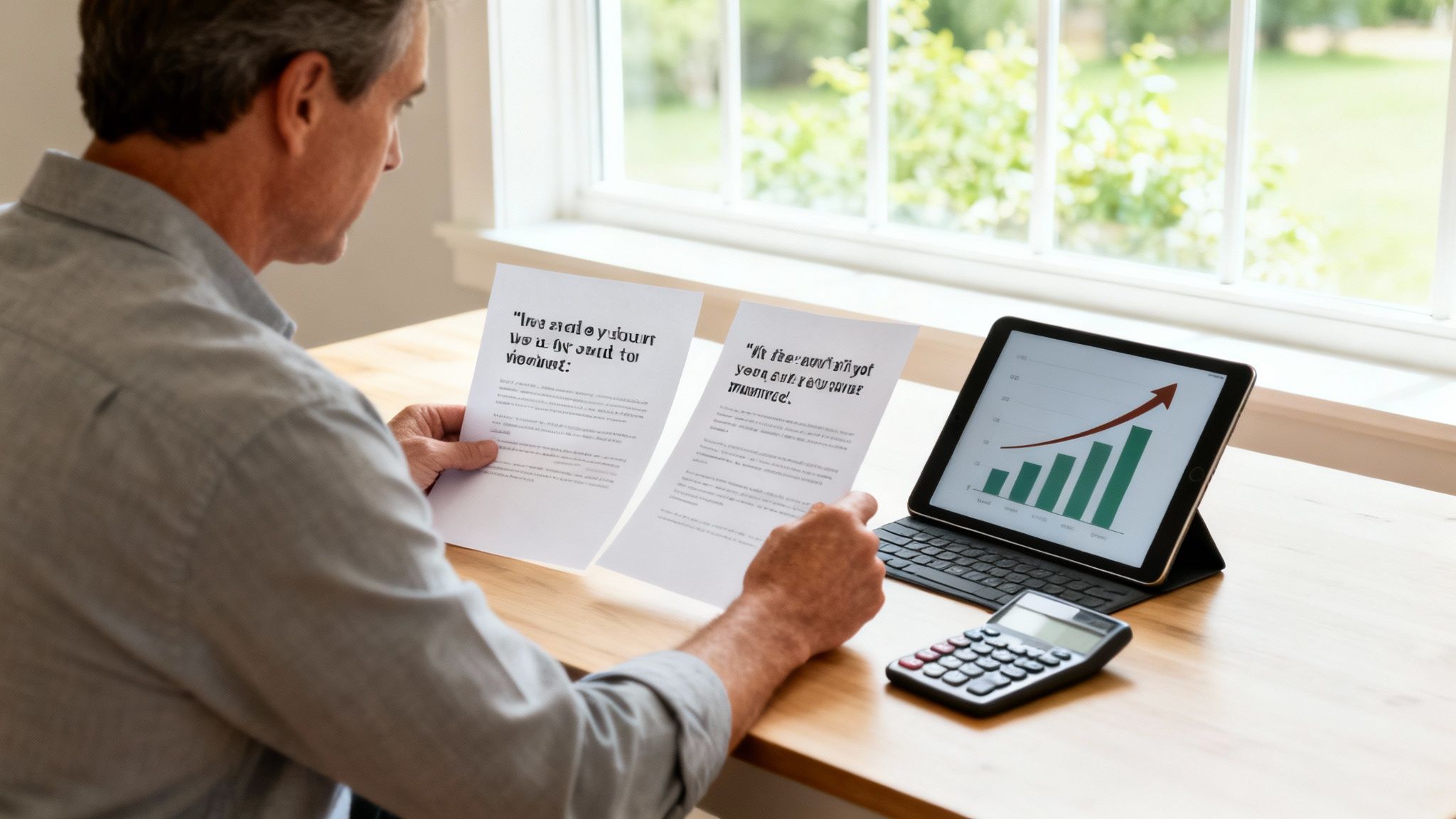 Older man analyzing financial papers and a digital growth chart on a tablet at a bright desk.