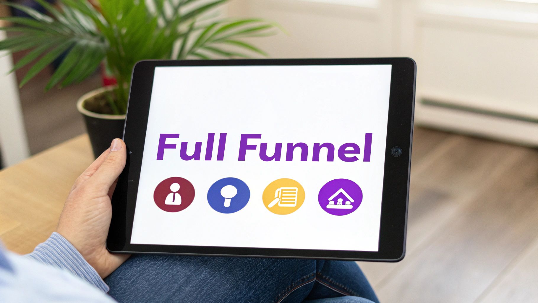 A person holds a tablet displaying 'Full Funnel' text and four icons for marketing stages.