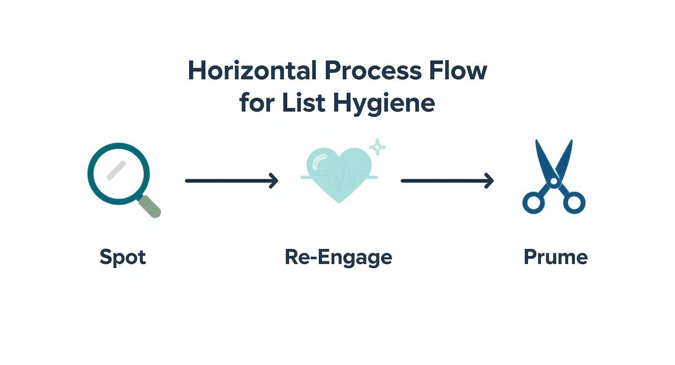 An infographic showing the three-step process for email list hygiene Spot, Re-engage, and Prune, using icons and a clean design.