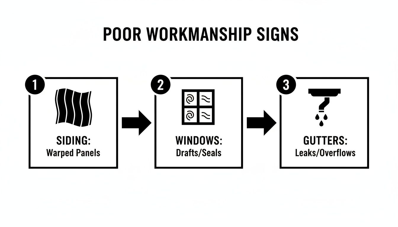 Diagram illustrating three common signs of poor workmanship: warped siding, drafts/bad window seals, and leaky/overflowing gutters.