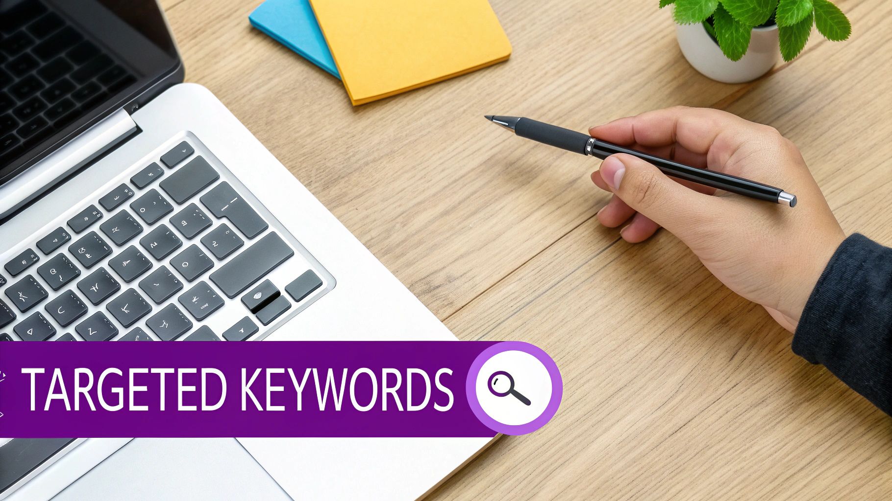 Hand holding a pen over a laptop and desk with a 'Targeted Keywords' banner and a search icon.