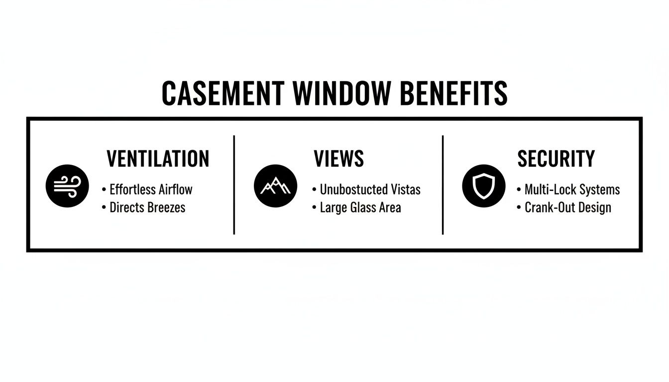 Infographic outlining the benefits of casement windows: ventilation, views, and security features.