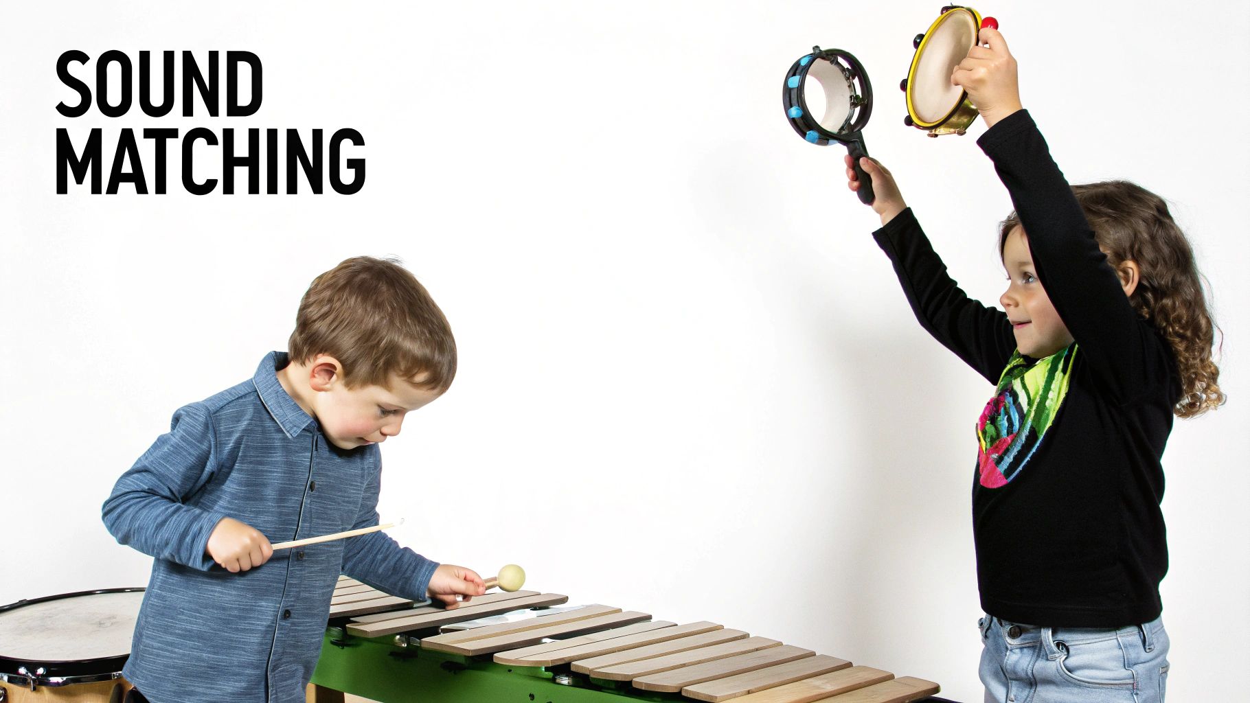 Two young children playing musical instruments, a boy with a xylophone and a girl with a tambourine and shaker, demonstrating sound matching.