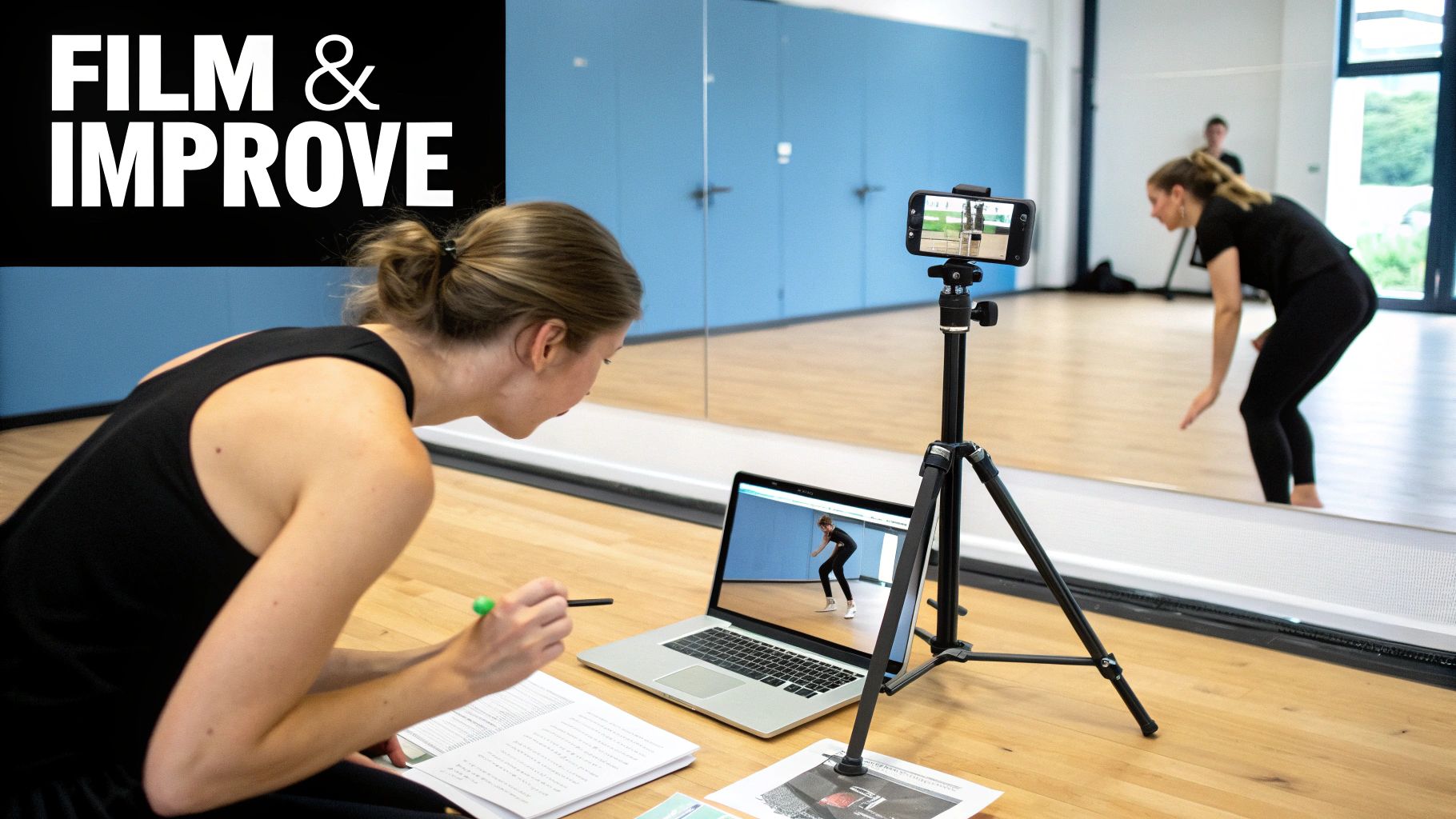 A dancer reviews her performance on a laptop, filmed by a smartphone in a studio.