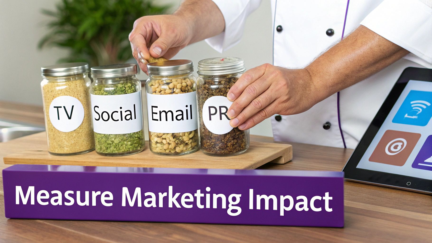 A chef mixes ingredients from jars labeled TV, Social, Email, PR, illustrating marketing mix modeling.