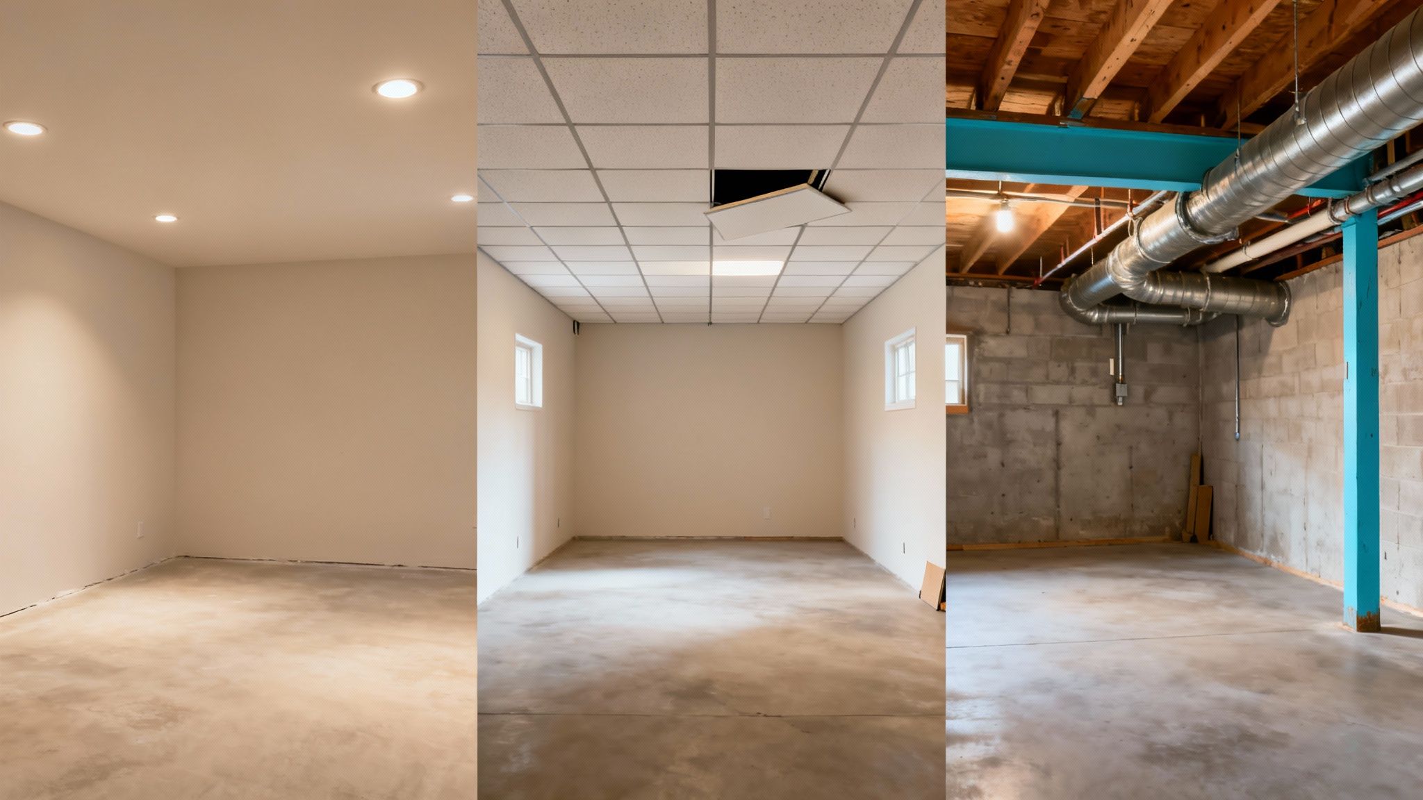 Three images showing finished, drop ceiling, and unfinished basements, highlighting different ceiling styles.