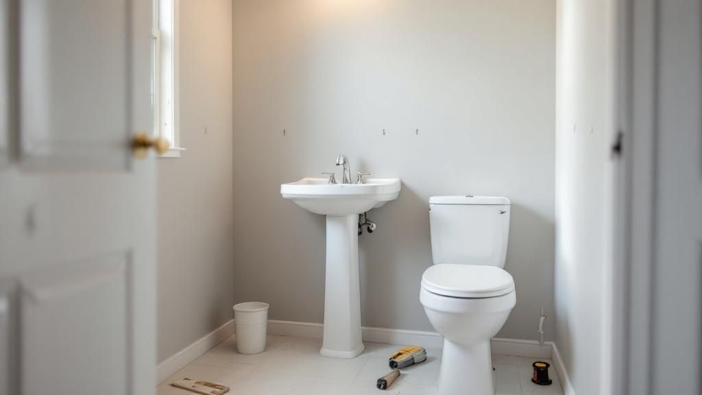 Partially framed basement bathroom walls with electrical wires visible