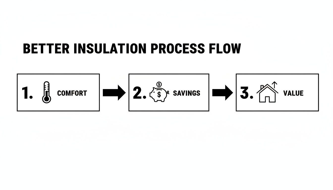 A diagram illustrating the three-step better insulation process flow: comfort, savings, and increased home value.