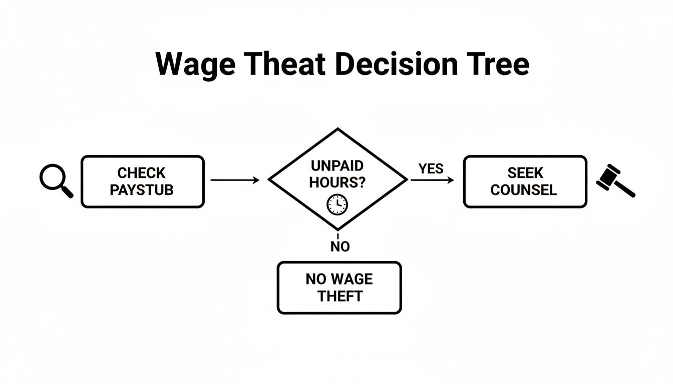 Decision tree flowchart guides on checking paystubs for unpaid hours and seeking counsel for wage theft.