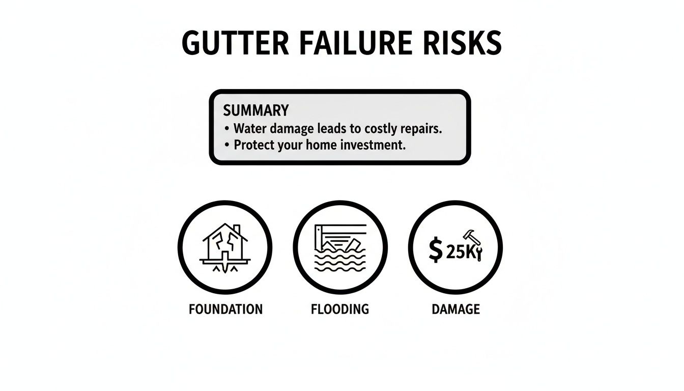 Infographic showing gutter failure risks, including cracked foundation, flooding, and costly repairs up to $25,000.