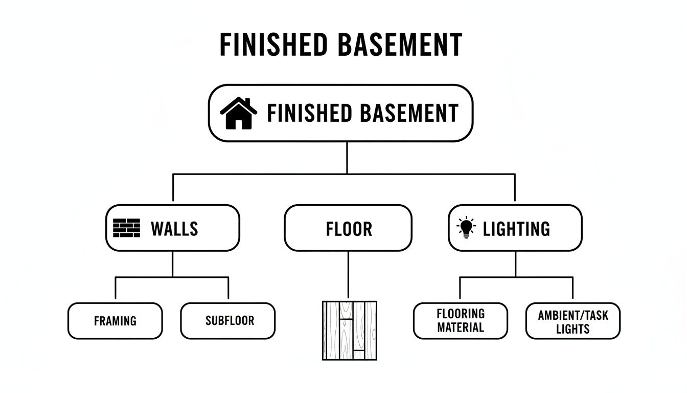 A flowchart outlining the components of a finished basement, detailing walls, floor, and lighting elements.