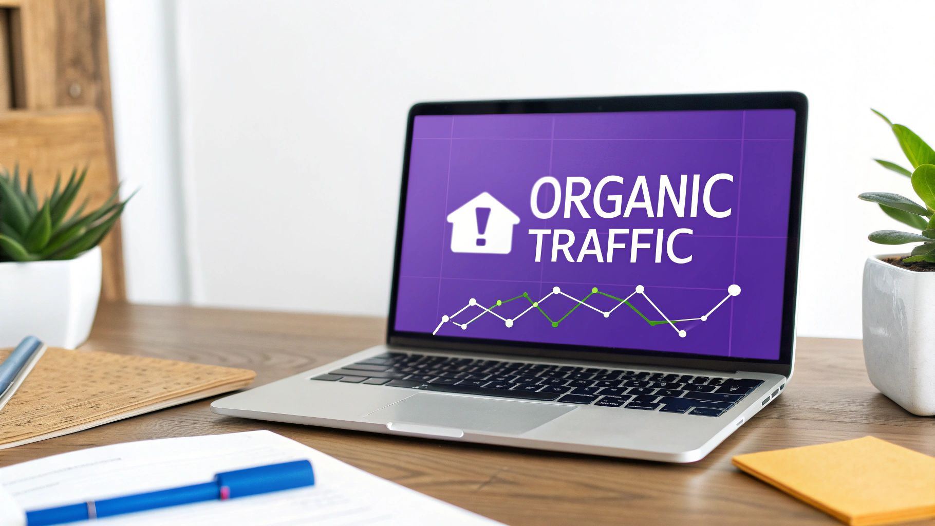 A laptop screen displays 'ORGANIC TRAFFIC' text and a growth graph on a desk with office supplies.