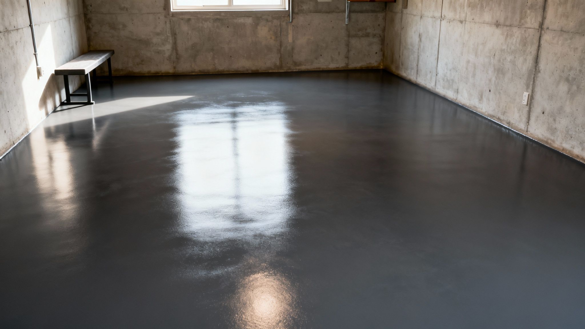 A room with dark, shiny epoxy floor, concrete walls, and a window reflecting light.
