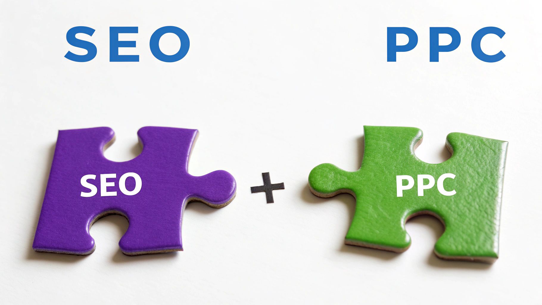 Two puzzle pieces, one labeled SEO and the other PPC, fitting together to form a complete picture of a search results page.