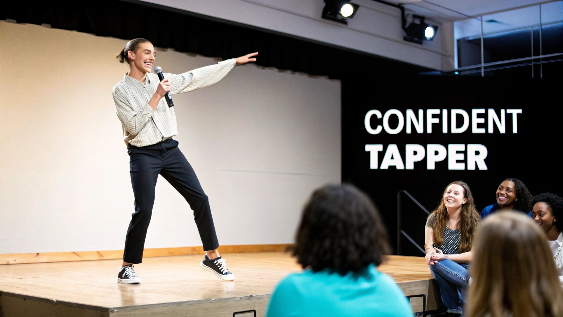Confident tap dancer performing energetically on stage with microphone before engaged audience