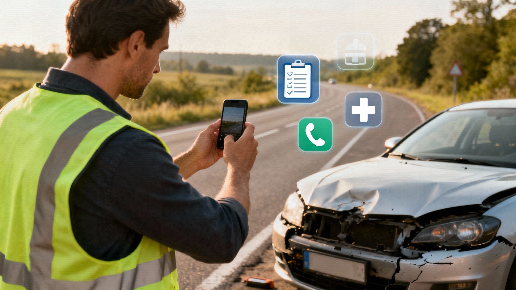 A person taking notes and photos after a car accident.