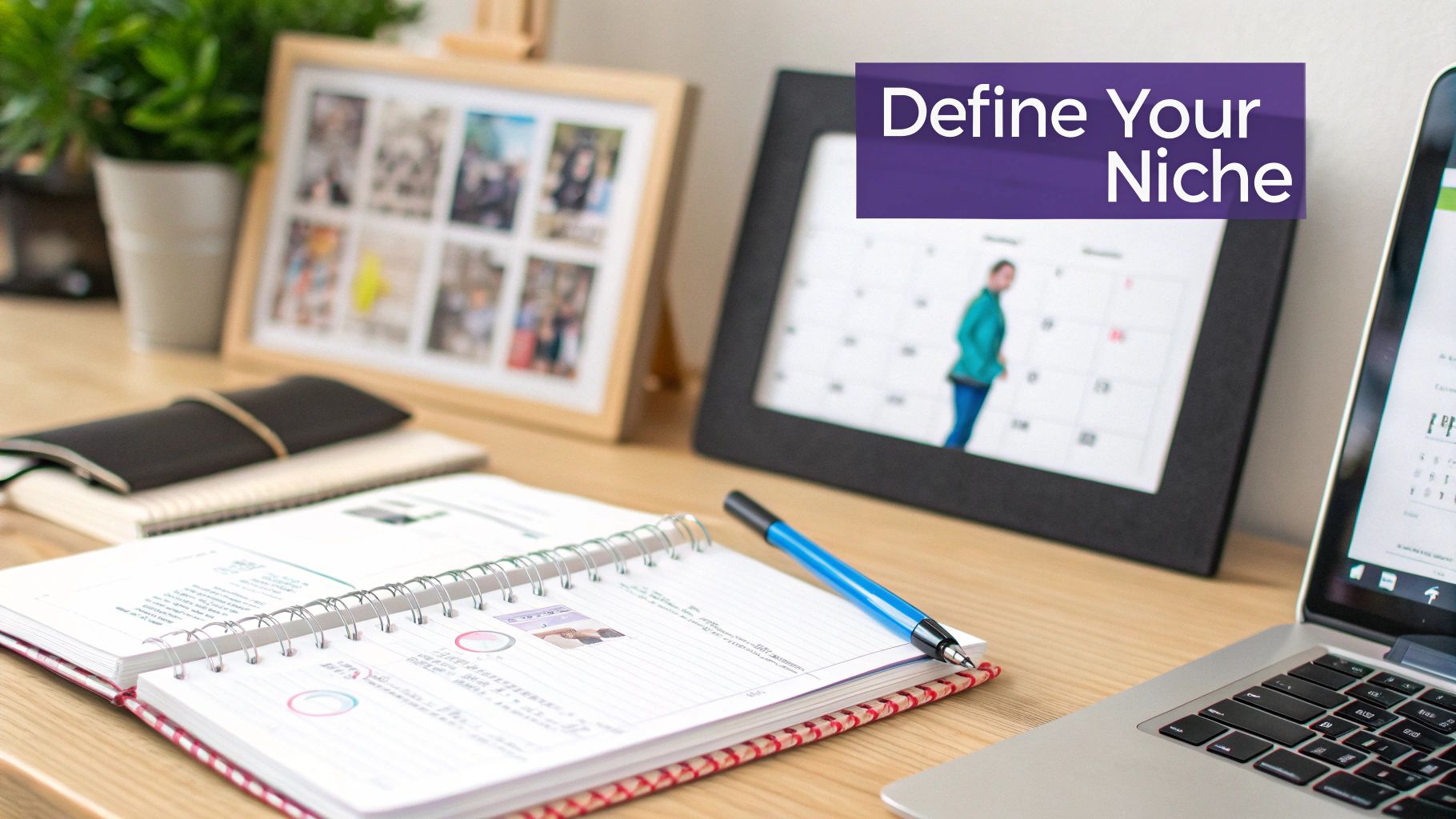 A professional workspace with an open planner, pen, laptop, and a 'Define Your Niche' banner.