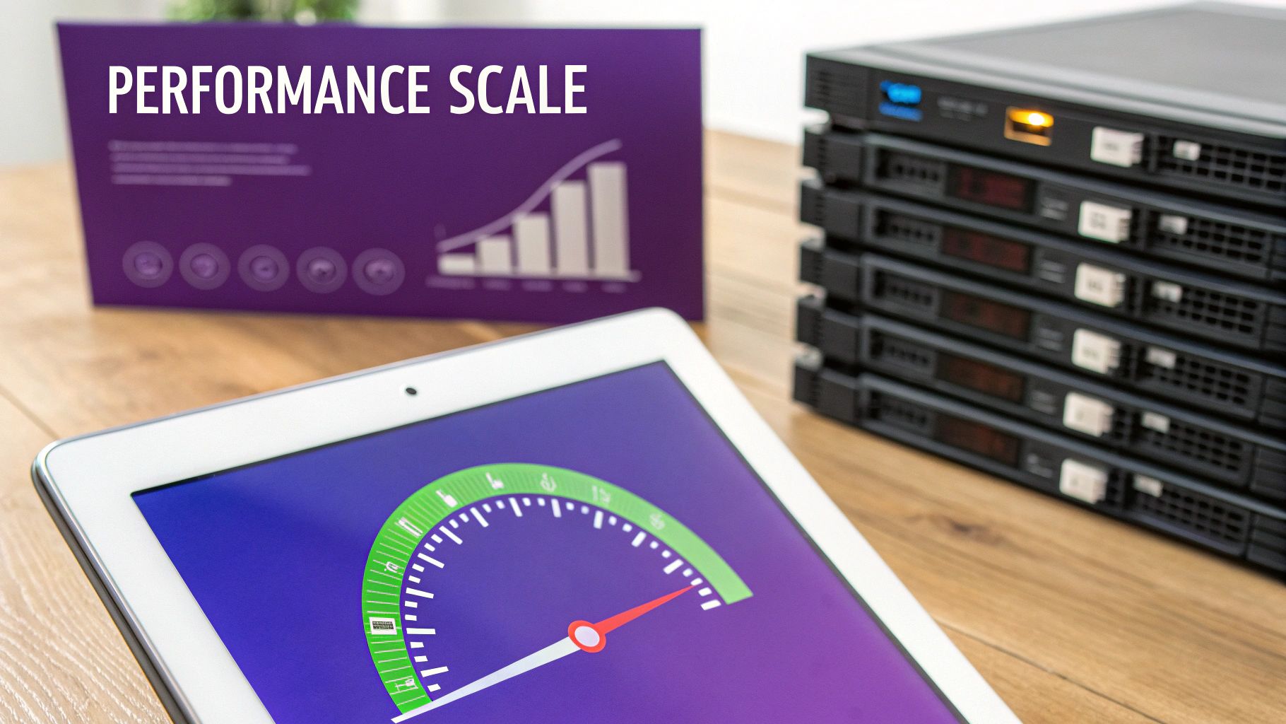 A tablet with a performance gauge, 'Performance Scale' sign, and stacked servers.