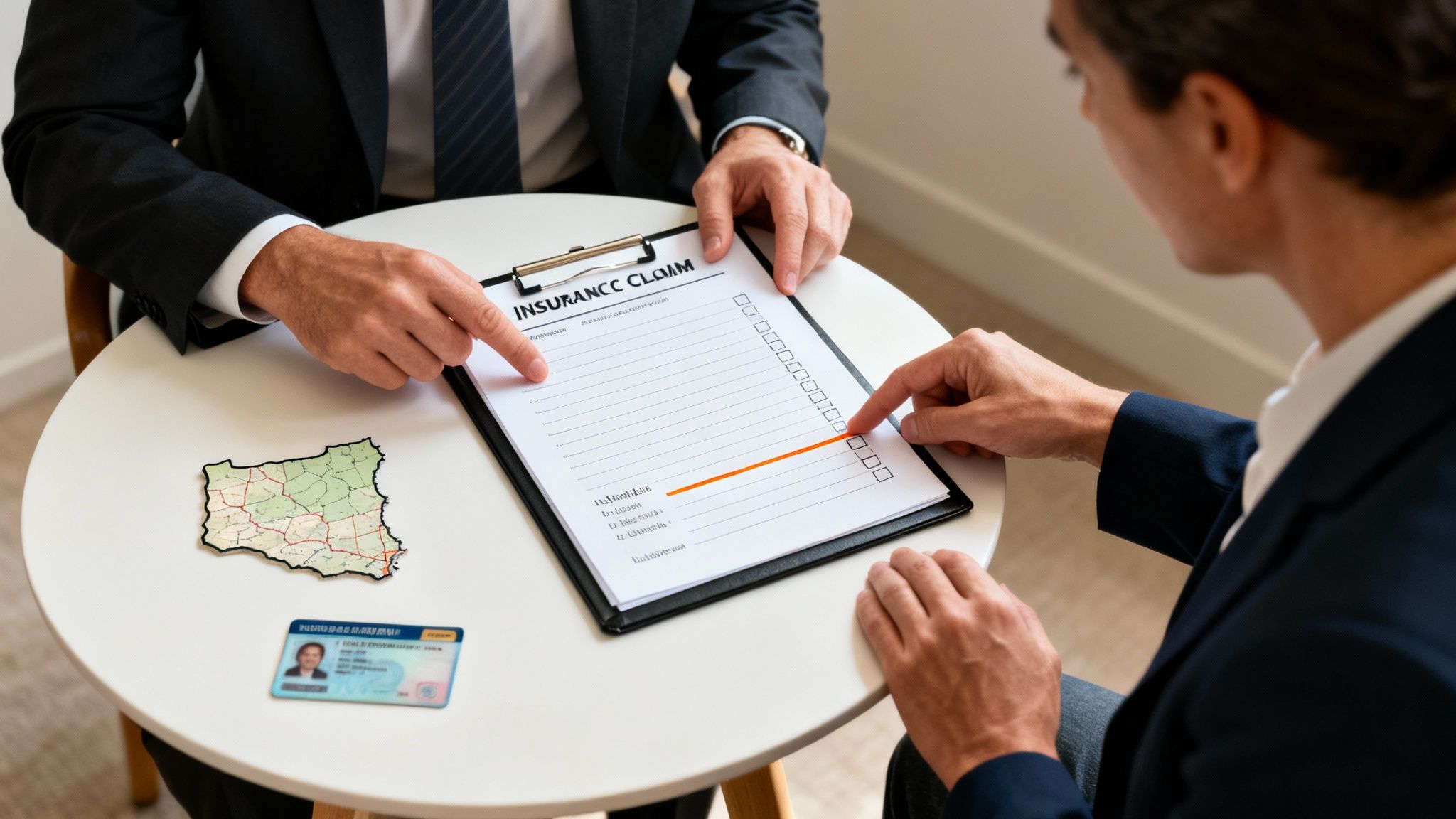 Two professionals in suits reviewing an insurance claim form together on a white table.