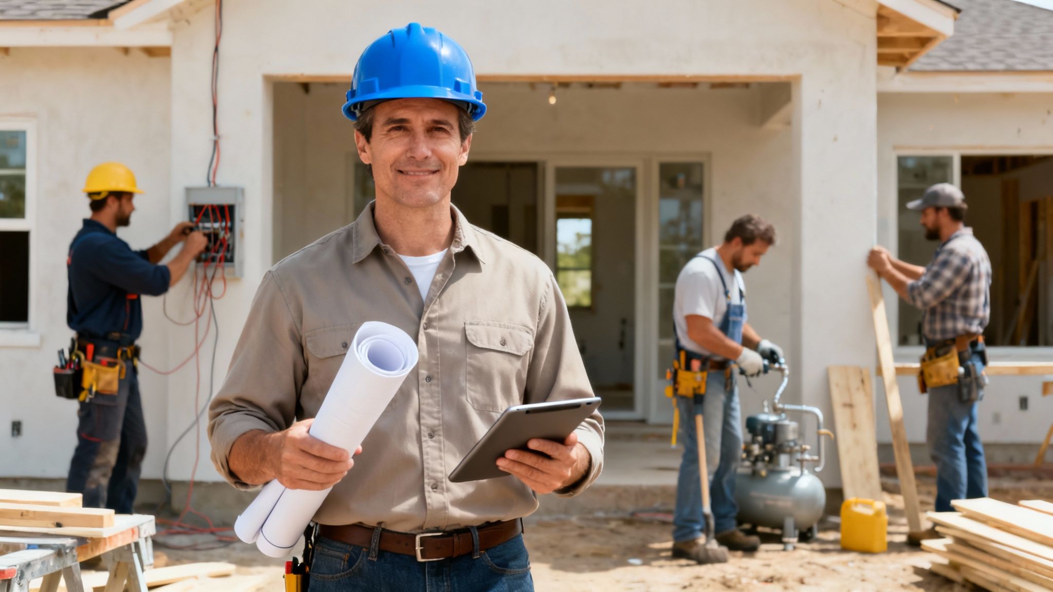 Smiling general contractor in hard hat with blueprints and tablet on a bustling construction site.