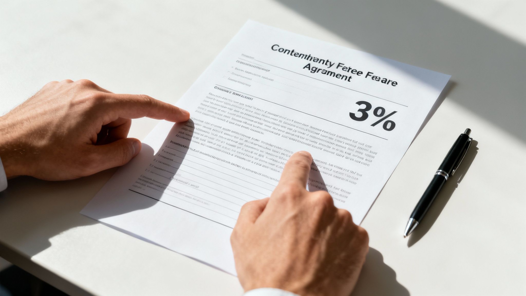 A person carefully reviewing a legal document with a pen, representing a contingency fee agreement.