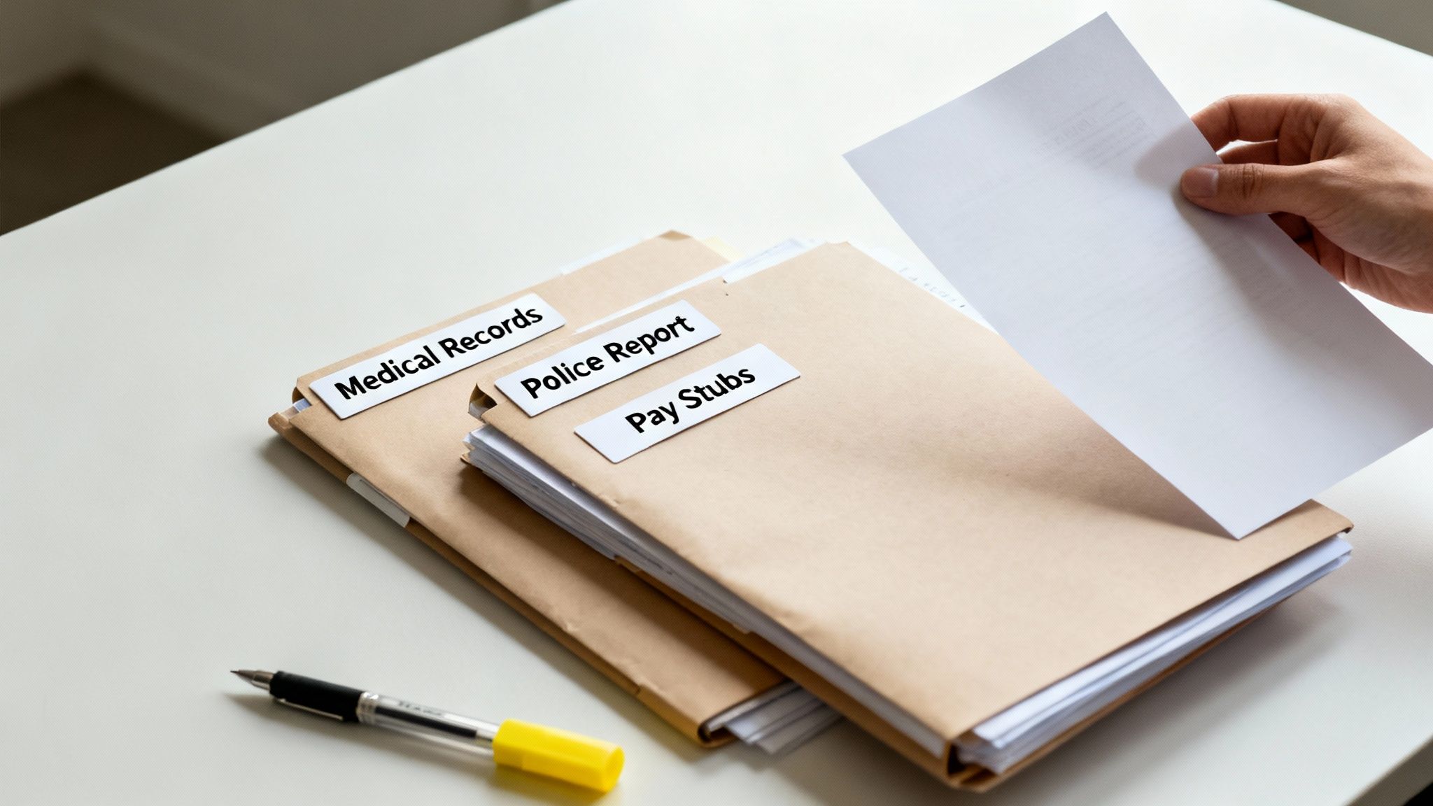 A hand organizes important documents like medical records, police reports, and pay stubs in manila folders.