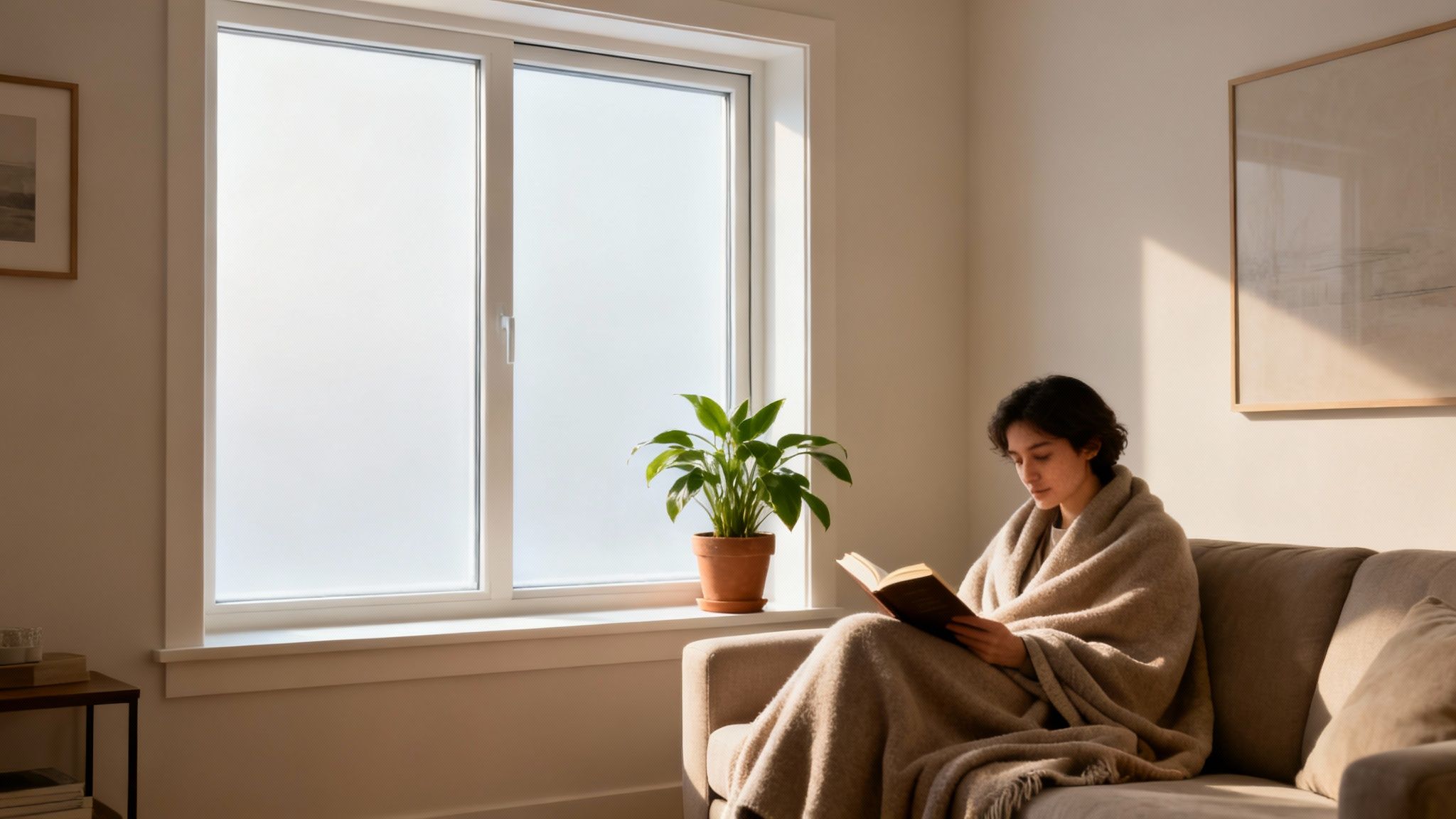 A person reads a book, cozy under a blanket, beside a frosted window with a plant.