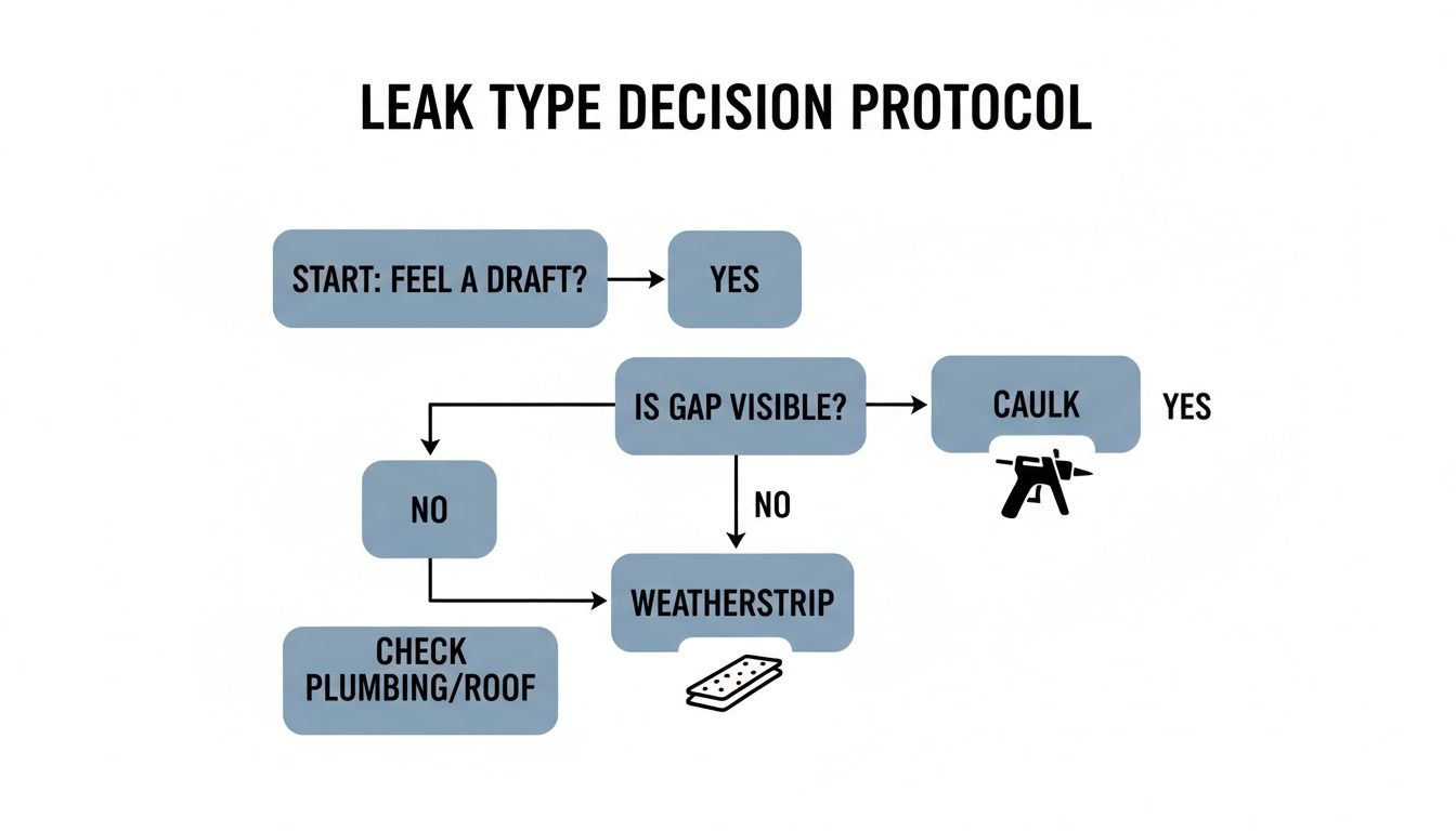 A flowchart for a leak type decision protocol to identify and fix drafts or gaps in a home.